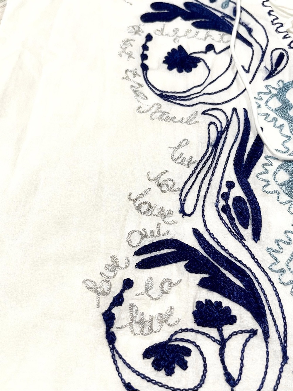 Desigual Cotton Boho Peasant Blouse White Blue Embroidered Tunic Top L - Picture 7 of 16